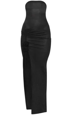 Black Sheer Glitter Knitted Flower Embellished Dress