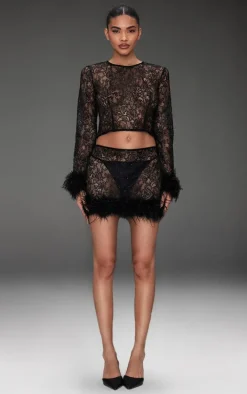 Black Sheer Glitter Lace Feather Trim Top