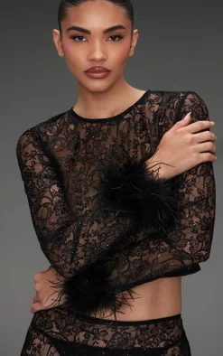 Black Sheer Glitter Lace Feather Trim Top