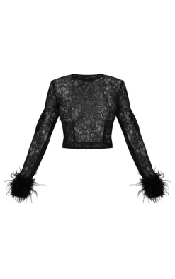Black Sheer Glitter Lace Feather Trim Top