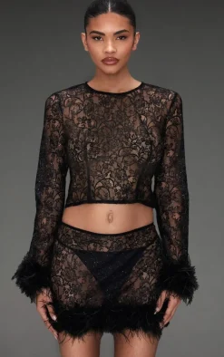 Black Sheer Glitter Lace Feather Trim Micro Mini Skirt