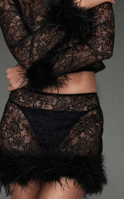 Black Sheer Glitter Lace Feather Trim Micro Mini Skirt