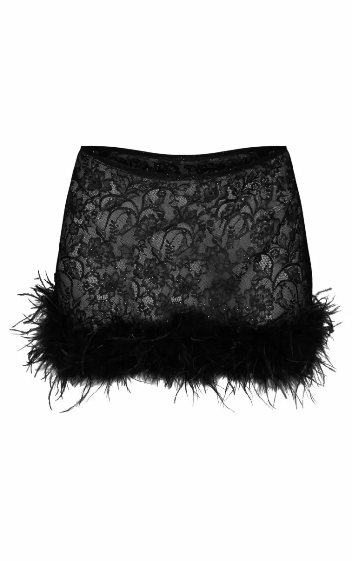 Black Sheer Glitter Lace Feather Trim Micro Mini Skirt