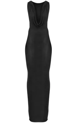 Black Sheer Knit Cowl Hooded Maxi Dress