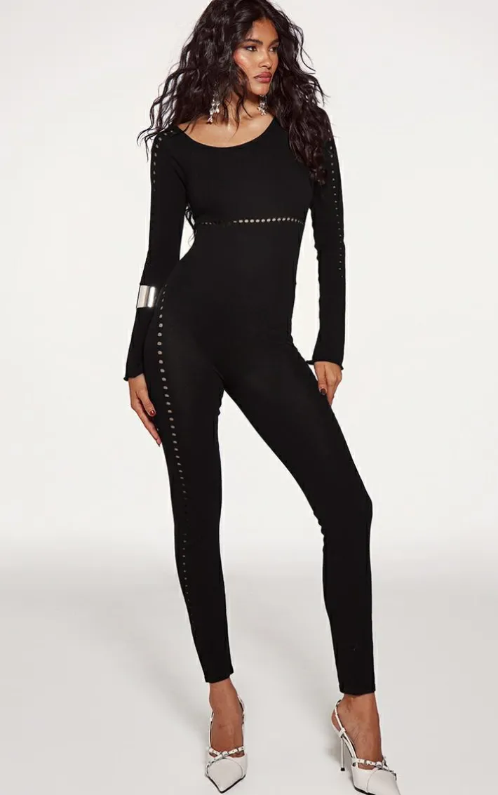 Black Sheer Knit Cut Out Detail Jumpsuit