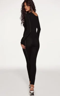 Black Sheer Knit Cut Out Detail Jumpsuit