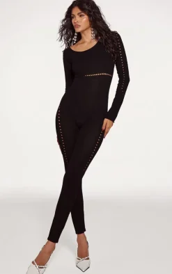 Black Sheer Knit Cut Out Detail Jumpsuit