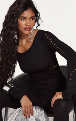 Black Sheer Knit Cut Out Detail Jumpsuit