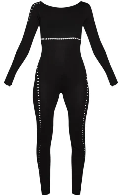 Black Sheer Knit Cut Out Detail Jumpsuit