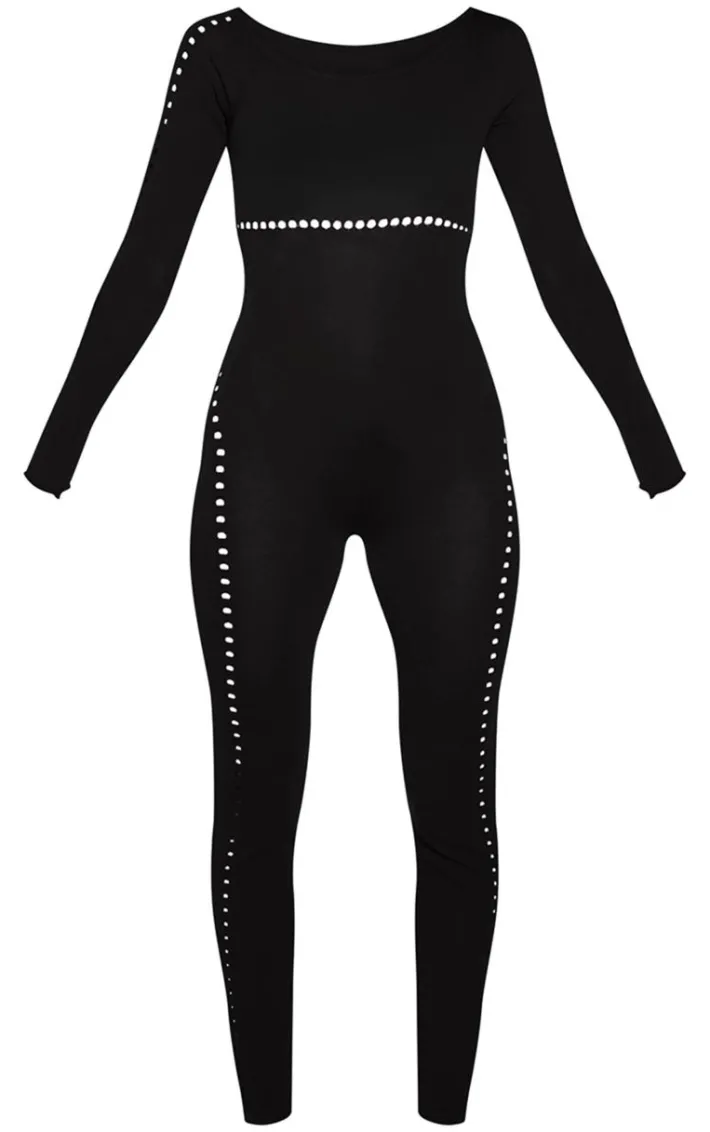 Black Sheer Knit Cut Out Detail Jumpsuit
