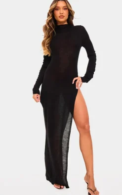 Black Sheer Knit High Neck Maxi Dress