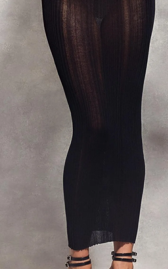 Black Sheer Knit Low Rise Maxi Skirt