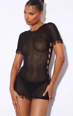 Black Sheer Knit Raw Edge Mini Dress