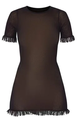 Black Sheer Knit Raw Edge Mini Dress