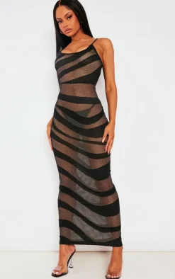Black Sheer Knit Stripe Midi Dress