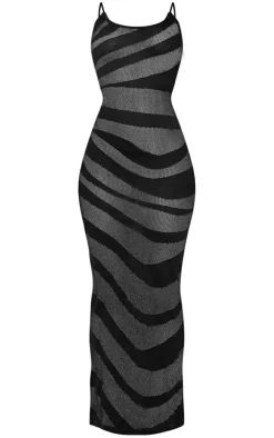 Black Sheer Knit Stripe Midi Dress