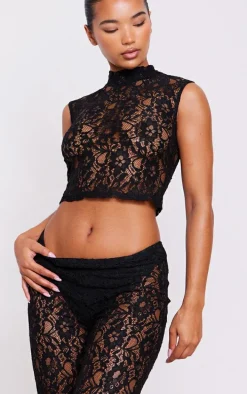 Black Sheer Lace High Neck Sleeveless Top