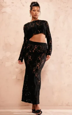 Black Sheer Lace Low Rise Fishtail Maxi Skirt