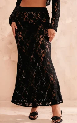 Black Sheer Lace Low Rise Fishtail Maxi Skirt