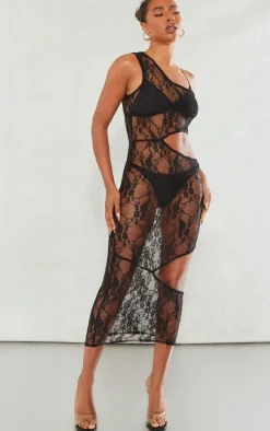 Black Sheer Lace One Shoulder Multi Cut Out Midaxi Dress