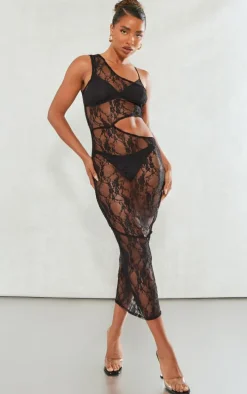 Black Sheer Lace One Shoulder Multi Cut Out Midaxi Dress