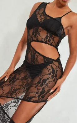 Black Sheer Lace One Shoulder Multi Cut Out Midaxi Dress
