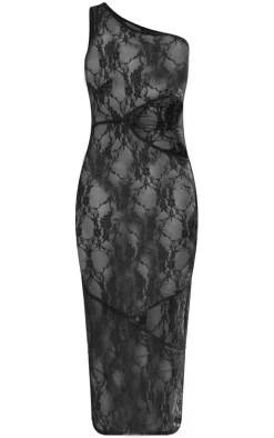 Black Sheer Lace One Shoulder Multi Cut Out Midaxi Dress