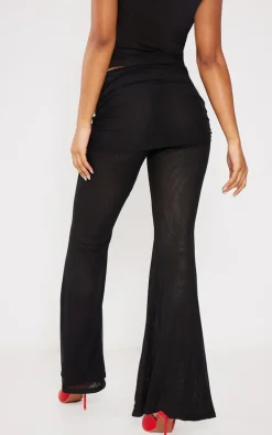 Black Sheer Mesh Drawstring Fold Over Hem Flared Pants
