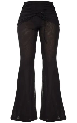 Black Sheer Mesh Drawstring Fold Over Hem Flared Pants