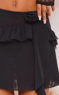 Black Sheer Mesh Rose Ruffle Mini Skirt