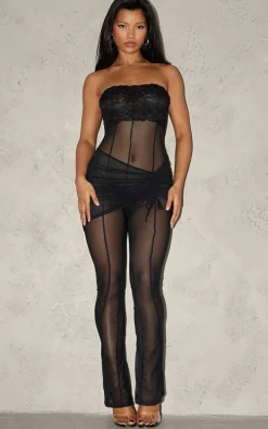 Black Sheer Mesh Wrap Lace Detail Jumpsuit