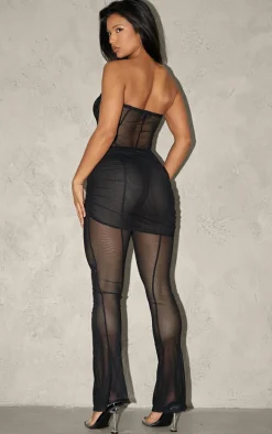Black Sheer Mesh Wrap Lace Detail Jumpsuit