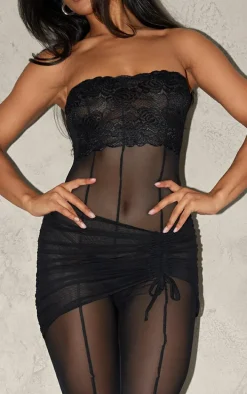Black Sheer Mesh Wrap Lace Detail Jumpsuit