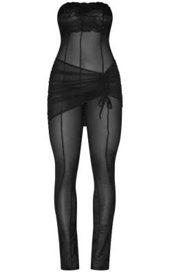 Black Sheer Mesh Wrap Lace Detail Jumpsuit