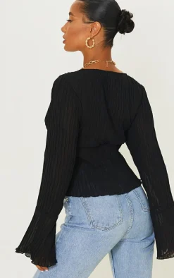 Black Sheer Plisse Tie Front Flute Sleeve Blouse