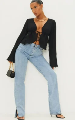 Black Sheer Plisse Tie Front Flute Sleeve Blouse