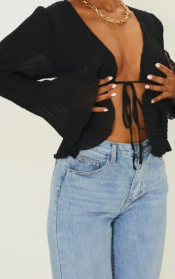 Black Sheer Plisse Tie Front Flute Sleeve Blouse