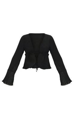 Black Sheer Plisse Tie Front Flute Sleeve Blouse