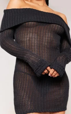 Black Sheer Rib Fold Over Bardot Bodycon Dress