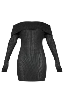 Black Sheer Rib Fold Over Bardot Bodycon Dress