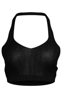 Black Sheer Rib Knit Halterneck Keyhole Crop Top