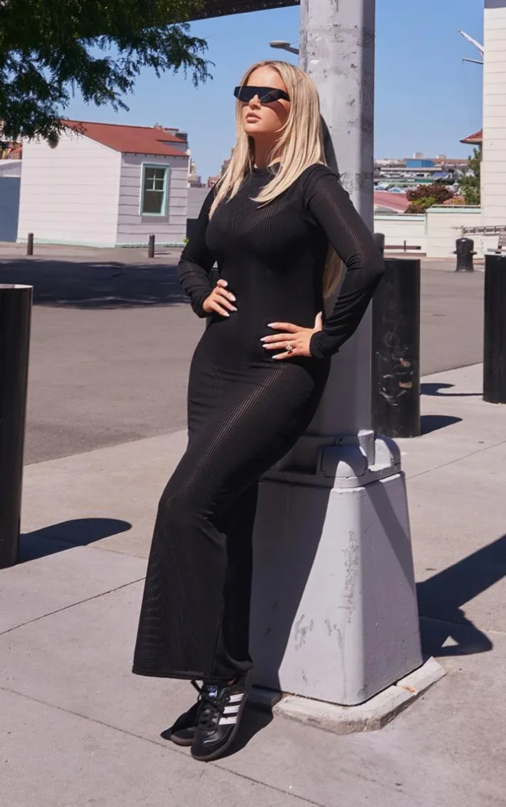 Black Sheer Rib Long Sleeve Midaxi Dress