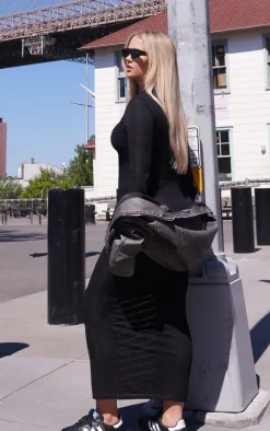 Black Sheer Rib Long Sleeve Midaxi Dress