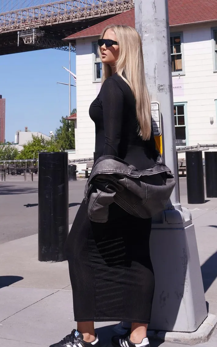 Black Sheer Rib Long Sleeve Midaxi Dress