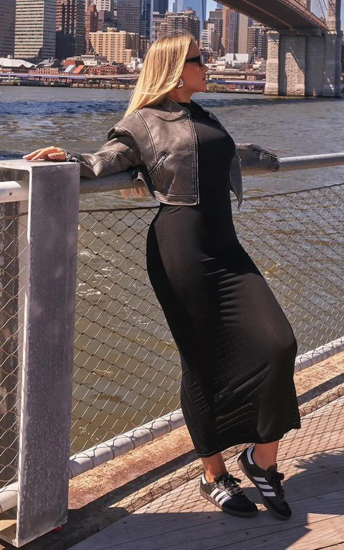 Black Sheer Rib Long Sleeve Midaxi Dress