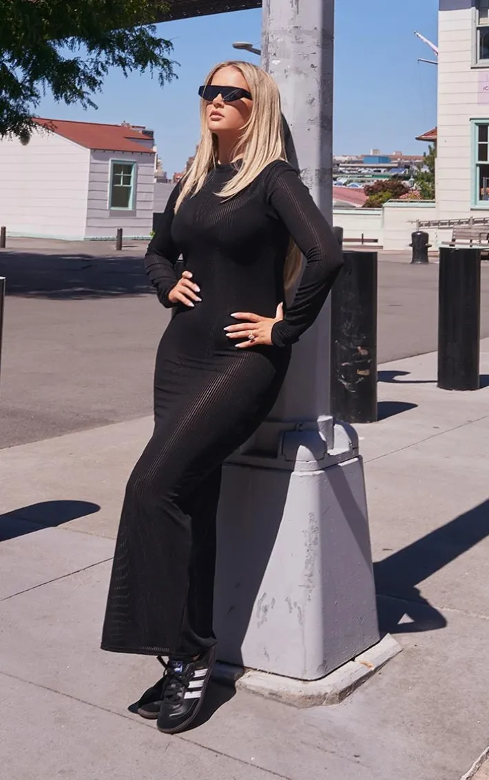 Black Sheer Rib Long Sleeve Midaxi Dress