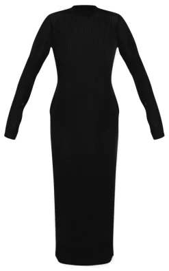 Black Sheer Rib Long Sleeve Midaxi Dress