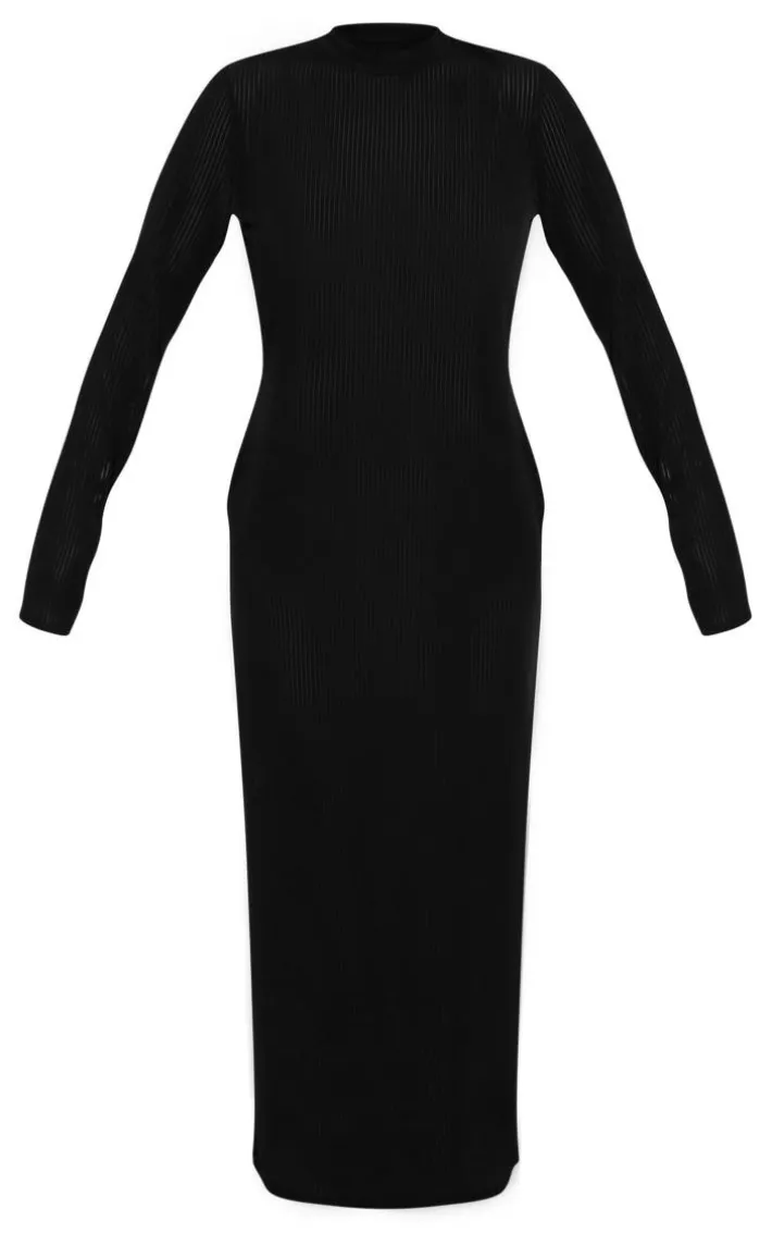 Black Sheer Rib Long Sleeve Midaxi Dress