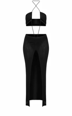 Black Sheer Ribbed Knit Cut Out Halterneck Maxi Dress