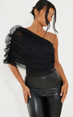 Black Sheer Ruffle One Shoulder Bodysuit